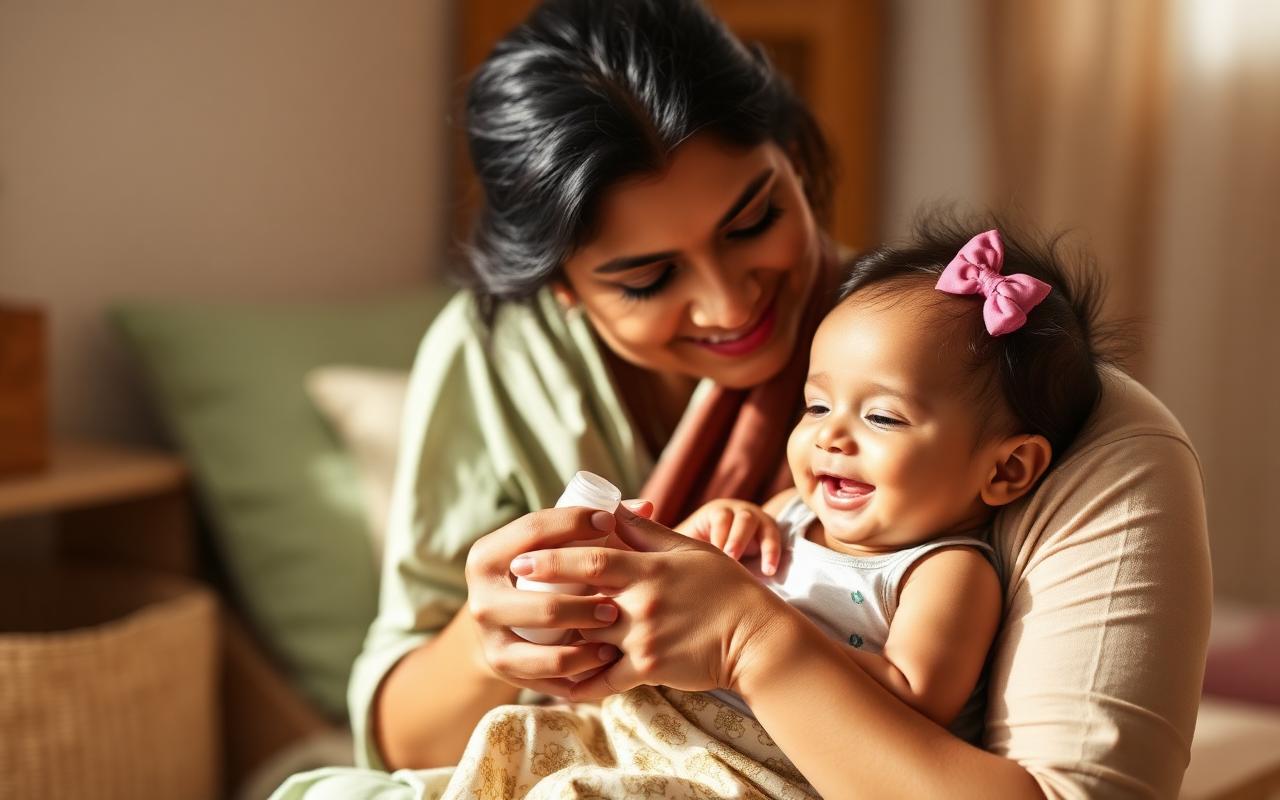 How Baby Care Brands Use Mom Influencers to Increase Sales (The Trust-Compounding Playbook) — Indian mother applying baby care product to her smiling newborn