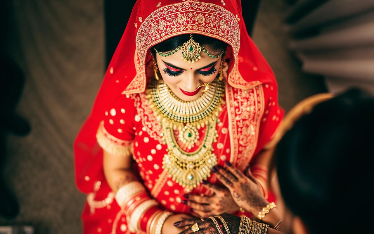 How Bridal Fashion Brands Use Influencers for Wedding Seasons (Gujarat Bridal Calendar Playbook) — Indian bride in red lehenga with traditional bridal jewellery and henna