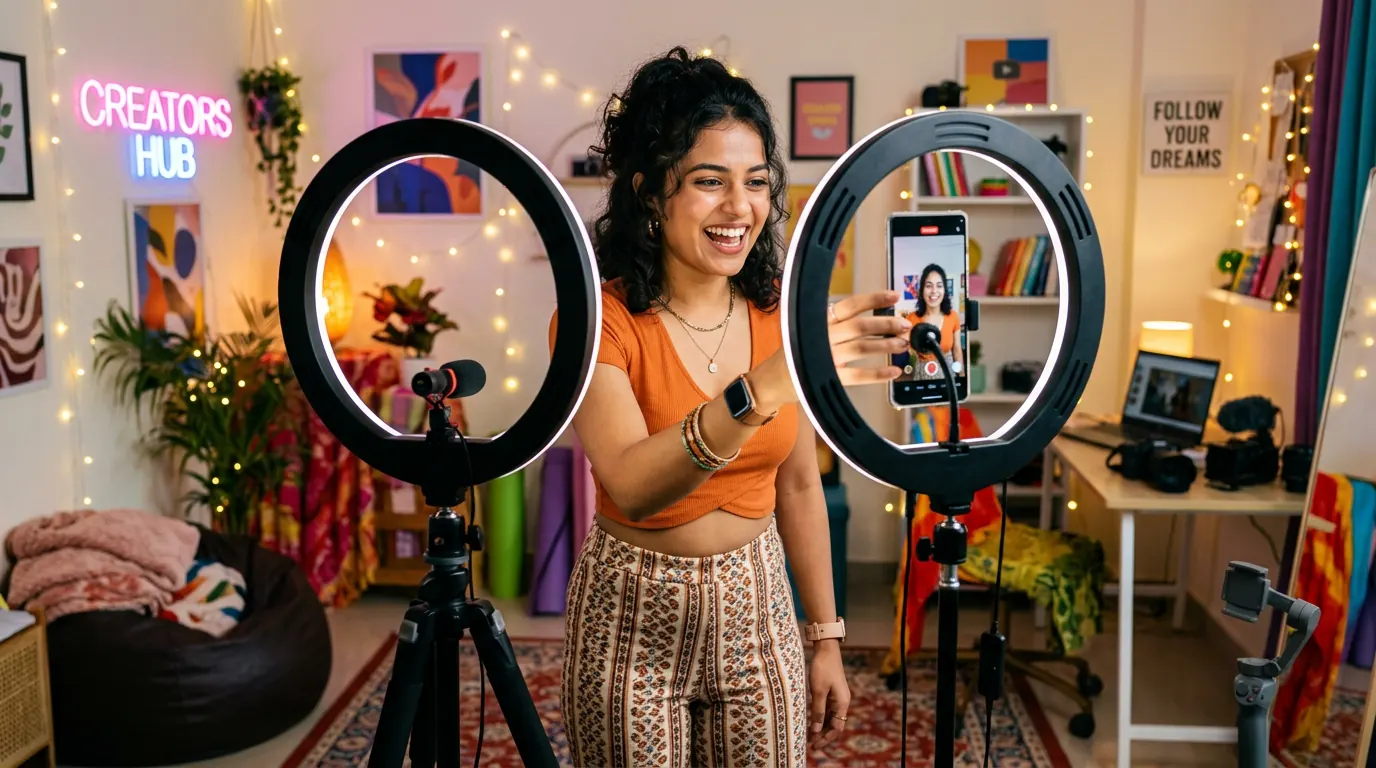 Why Local Influencers Deliver Better Engagement Than Celebrities — Indian content creator filming a reel with ring light and smartphone