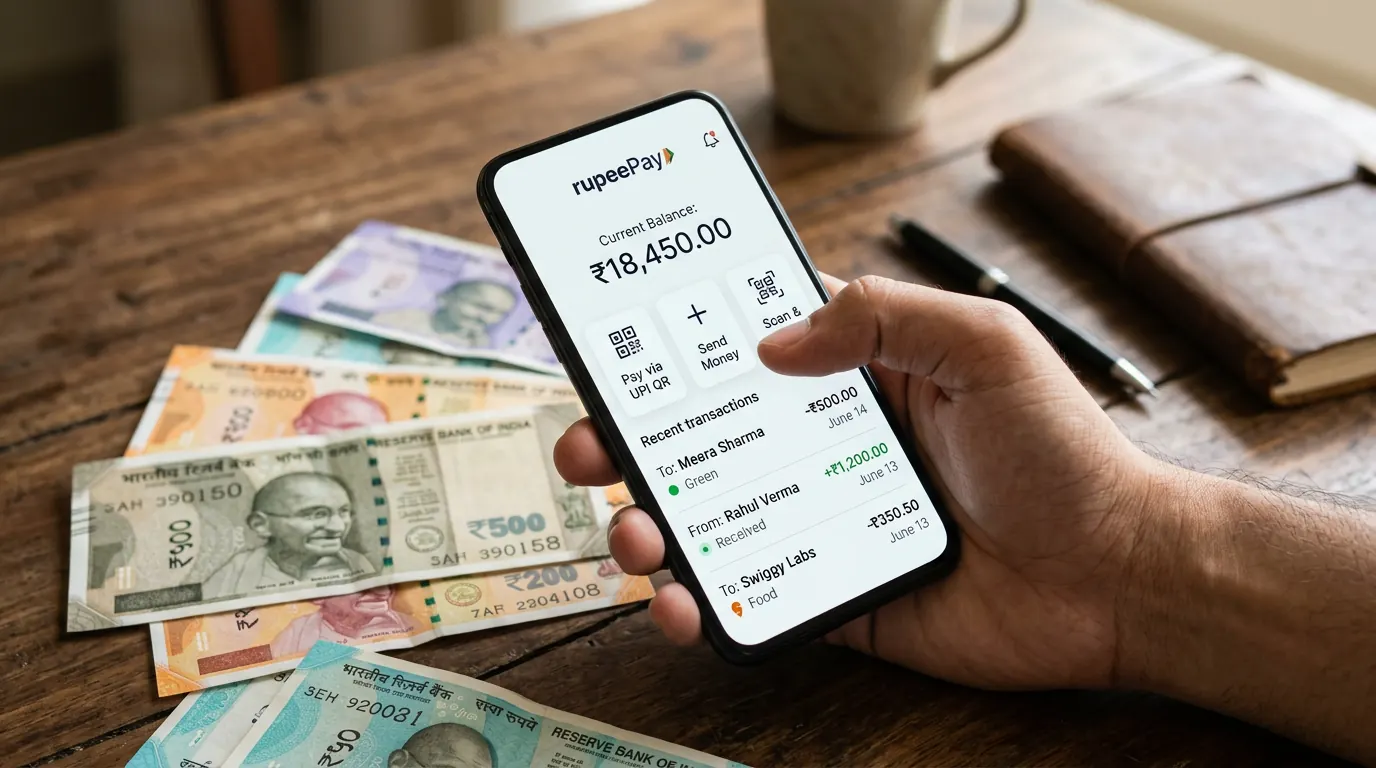 How FinTech Brands Use Influencers to Educate Young Audiences (Without Triggering SEBI) — FinTech mobile app shown on a phone with Indian rupee notes