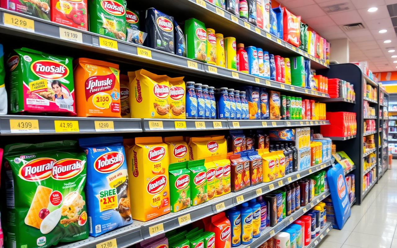 How FMCG Brands Increase Product Awareness Through Influencers (The In-Kitchen Reel Strategy) — FMCG consumer packaged goods on a supermarket shelf with bright packaging