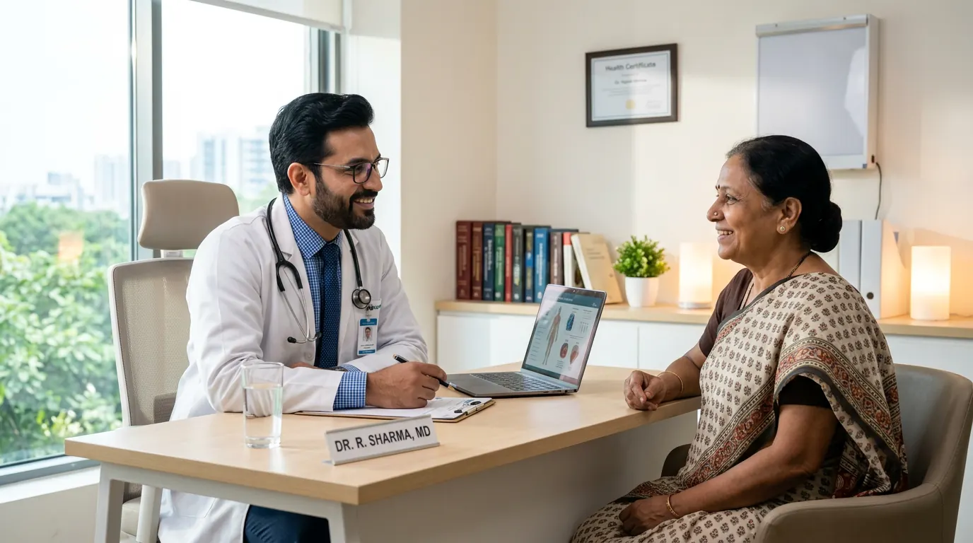 How Clinics Build Patient Trust Through Influencer Marketing (The Doctor-Creator Trust Playbook) — Modern Indian healthcare clinic with doctor consulting a patient
