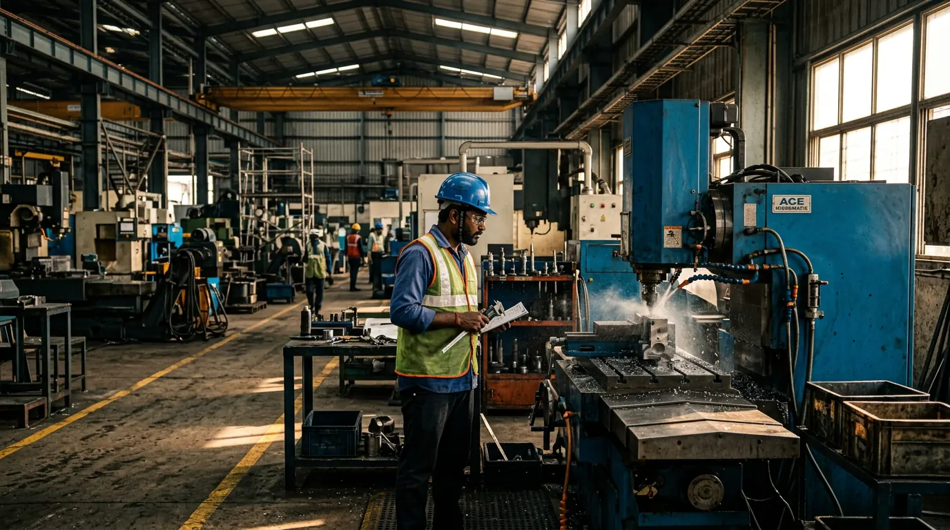 How Construction Brands Use Influencer Marketing for Visibility (The Project-Walkthrough Visibility Playbook) — Indian manufacturing facility floor with industrial equipment