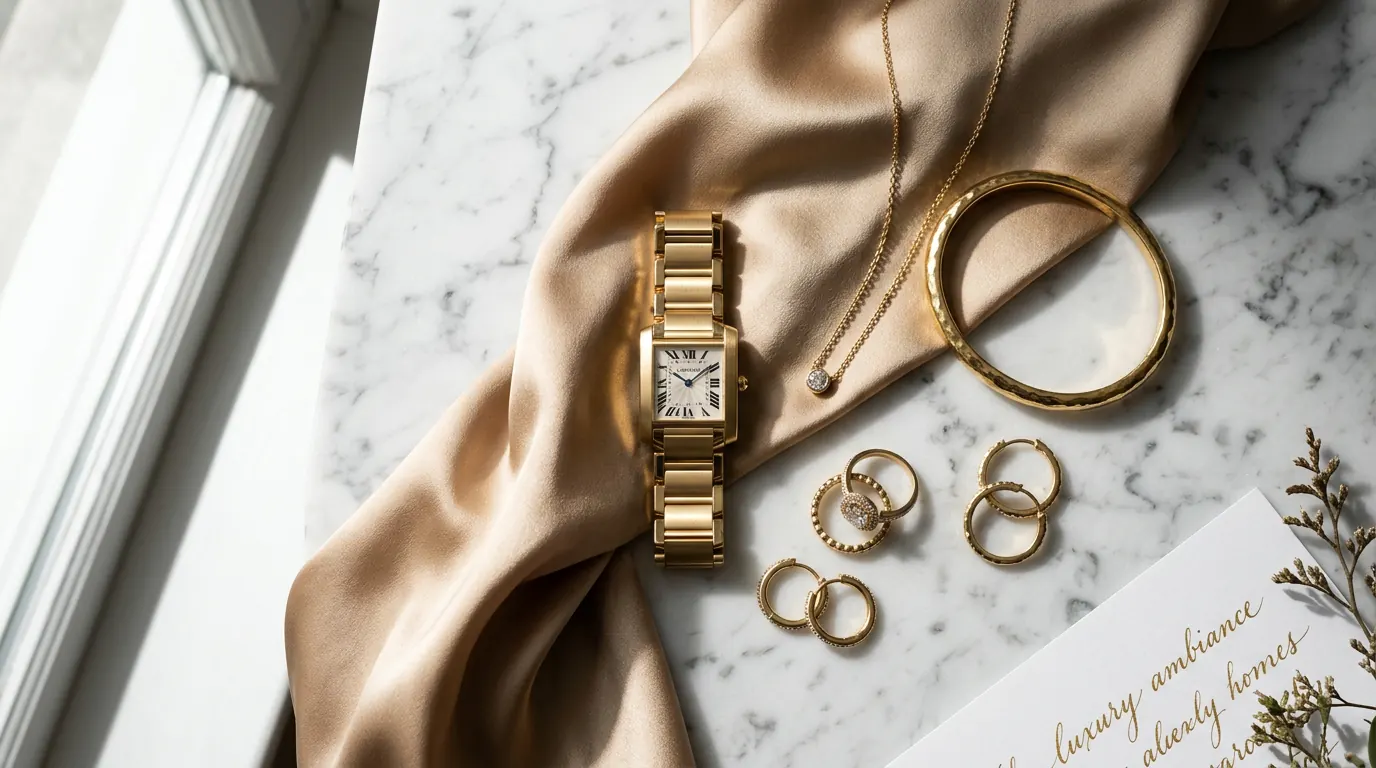 Influencer Marketing for Luxury Brands in Ahmedabad — Luxury jewellery and watch flatlay on marble surface