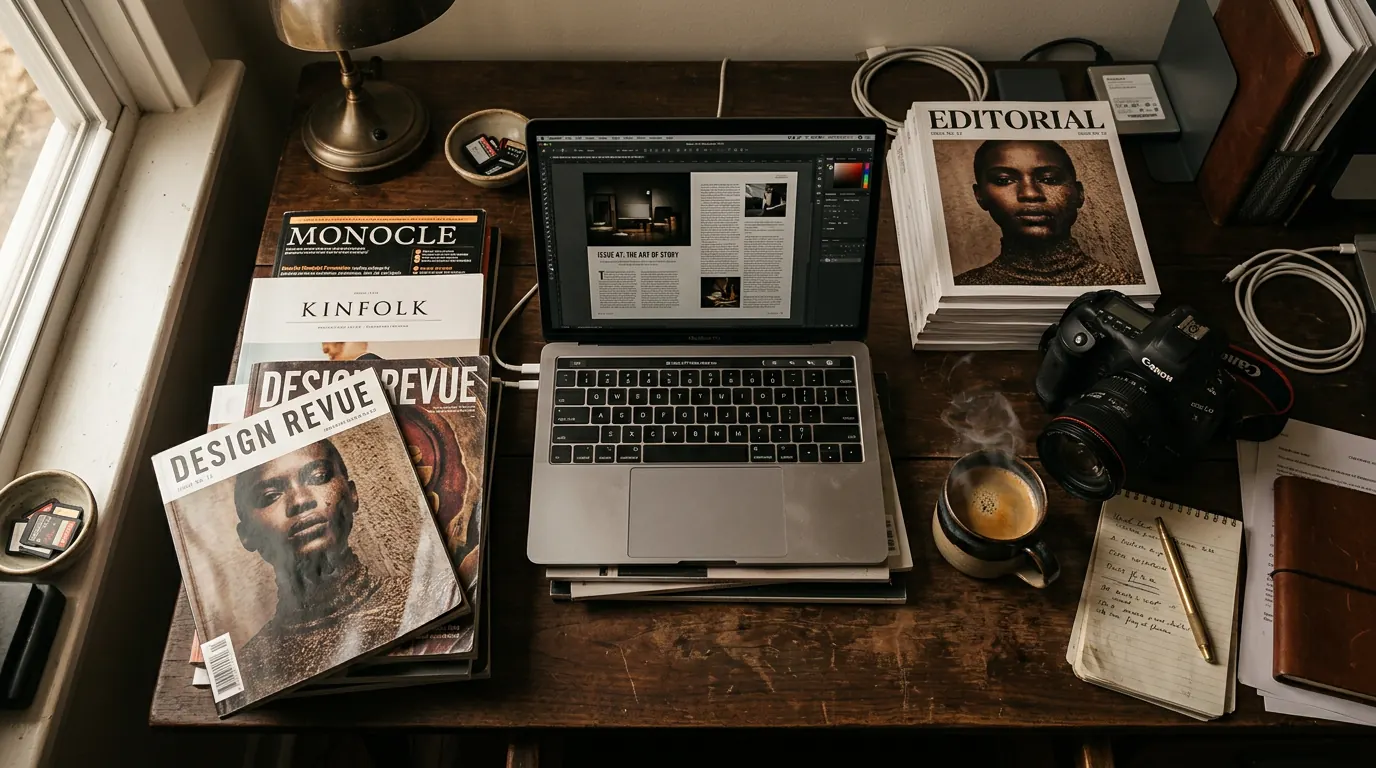 How Camera and Production Brands Collaborate With Creators (The Output-First Partnership Playbook) — Editorial publishing desk with magazines, laptop and camera