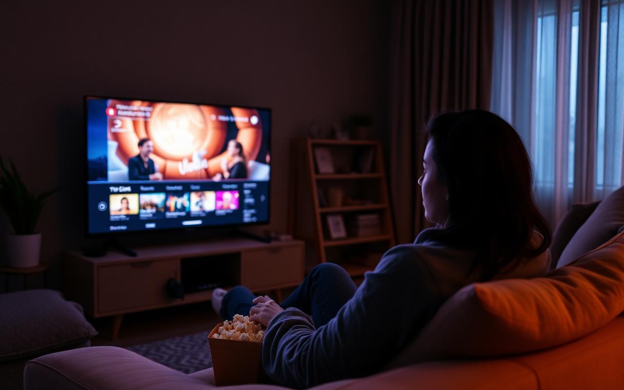 How OTT Platforms Use Influencers to Boost Viewership (Clip-First Discovery Stack) — Person watching an OTT streaming service on a smart TV at night