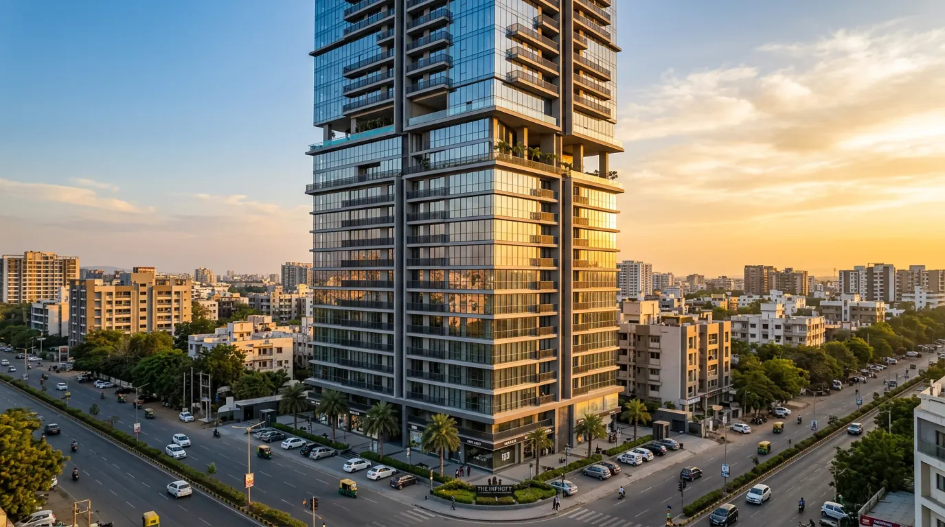 How Real Estate Companies Use Influencers to Generate Site Visits — Contemporary Ahmedabad real estate project exterior at golden hour