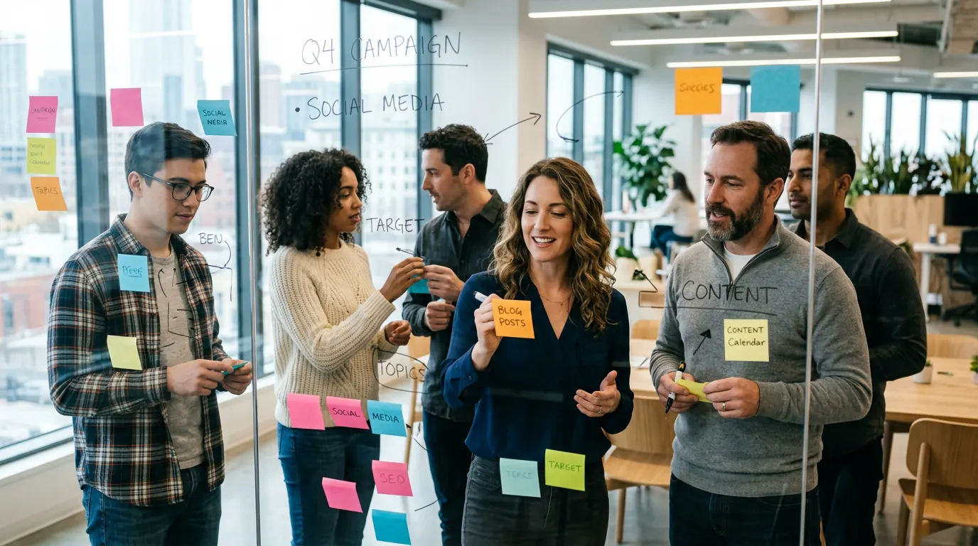 Best Influencer Marketing Strategies for Gujarati Brands in 2026 — Marketing team mapping a content strategy on a whiteboard