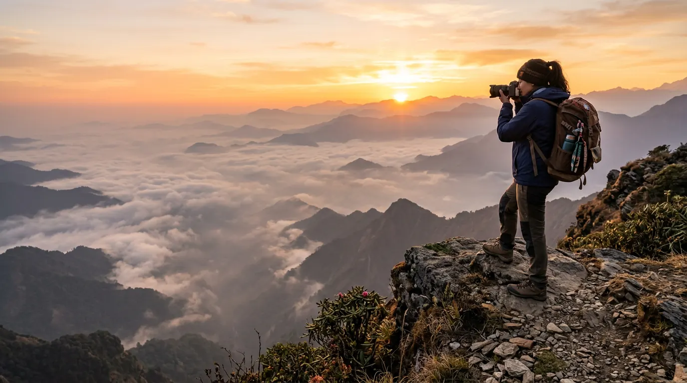 How Luxury Resorts Use Travel Influencers to Attract Premium Customers (The Full-Stay Walkthrough Playbook) — Travel creator photographing a scenic Indian landscape at sunrise