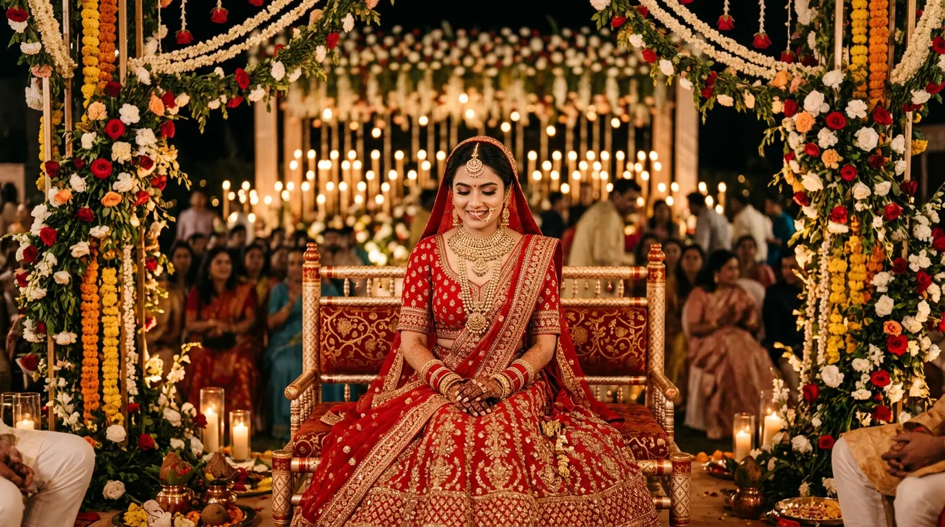 How Wedding Businesses Generate Leads Through Instagram Creators (Gujarat Wedding Vendor Playbook) — Indian bride at a traditional wedding mandap with floral decor